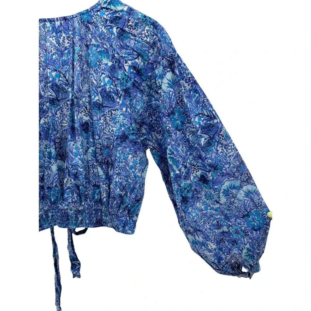 Free People Ruffle Cotton Wrap Top M Blue Floral Paisley Balloon Sleeve Festival